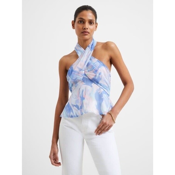 NEW French Connection Dalla Verona Crossneck Halter Blouse Top Women Blue Size 2 - Picture 1 of 7